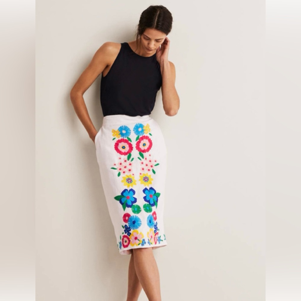 Boden - linen embroidered pencil skirt